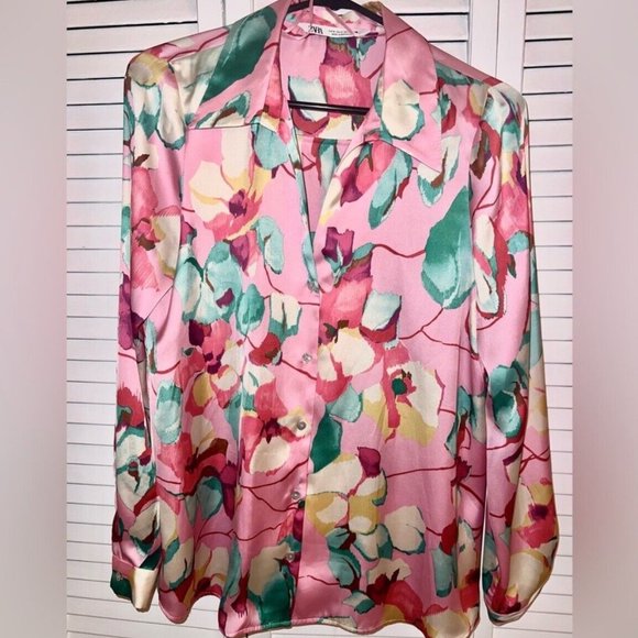 COPY - BLOGGER FAV! ZARA pink multicoloured floral printed satin effect blouse … - Picture 5 of 6